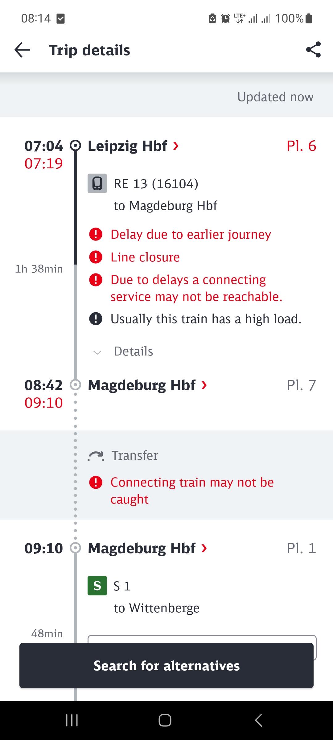 DB App showing delays to the train timetable for my journey from Leipzig to Uchtspringer